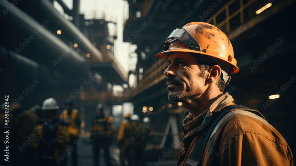 Worker in safety gear working on oil rig platform offshore. Worker in safety gear working on oil rig platform offshore.