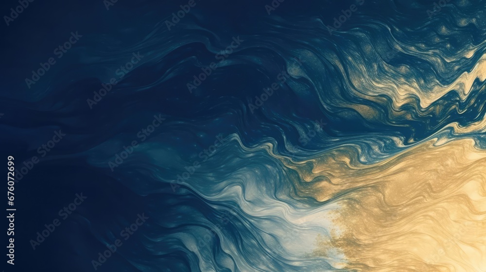 Abstract paint background by deep blue and gold color with liquid fluid texture in luxury concept  - obrazy, fototapety, plakaty 