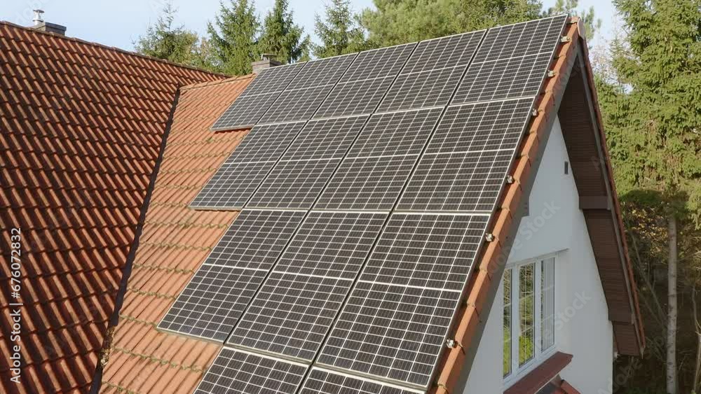 A farm of photovoltaic solar modules to generate electricity from solar energy on the roof of a house. Equipment for energy supply from renewable energy sources. A farm of photovoltaic solar modules to generate electricity from solar energy on the roof of a house. Equipment for energy supply from renewable energy sources.