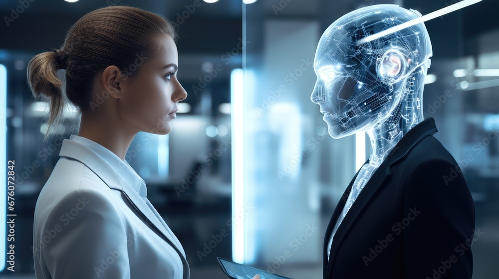 A modern businessperson interacting with an AI assistant through a virtual interface, Include touchscreens, Artificial intelligence chatbot developed by AI. A modern businessperson interacting with an AI assistant through a virtual interface, Include touchscreens, Artificial intelligence chatbot developed by AI.