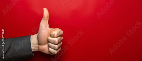 Hand with Thumb Up on red Background for client, best satisfaction evaluation survey after use product and service concept.Good review result, quality product or service. Generative ai photo