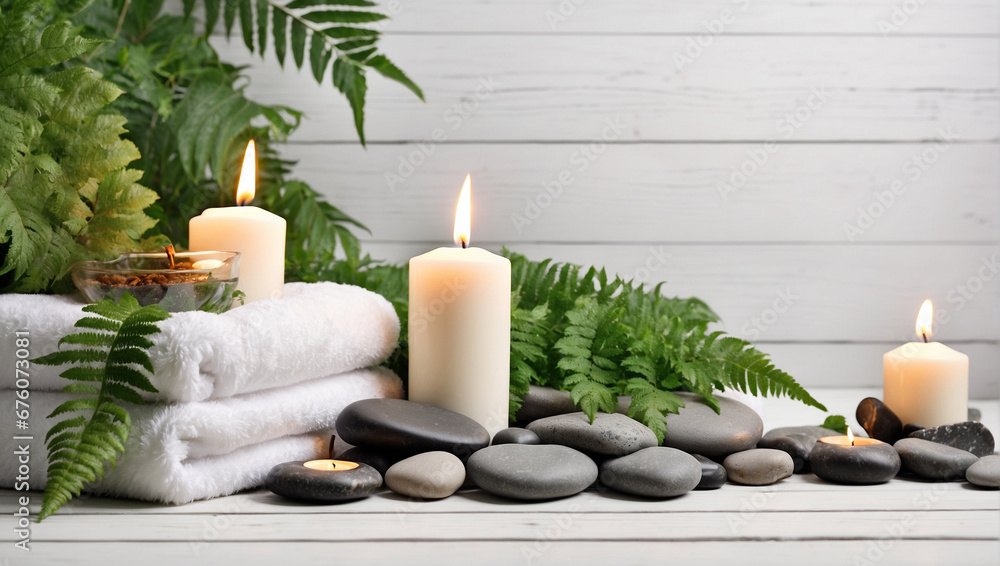 Towel on fern with candles and hot stone on white wooden background. backdrop with copy space Towel on fern with candles and hot stone on white wooden background. backdrop with copy space