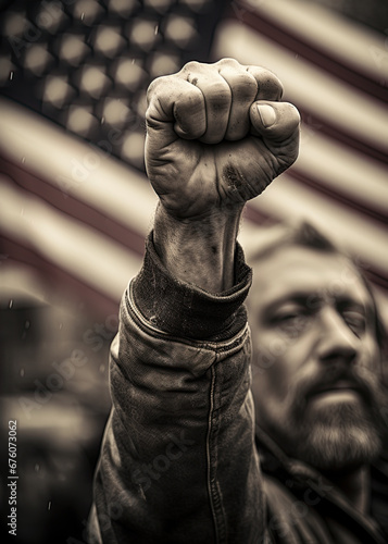 Raised fist over american flag. Freedom and resistance concept. Generative Ai © ArtmediaworX
