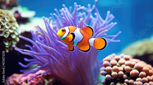 Amphiprion ocellaris clownfish and anemone in sea  photo