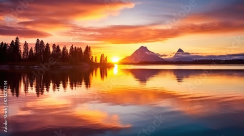 An image of a vibrant sunset over a serene lake with colorful reflections shimmering on the water © Charlie