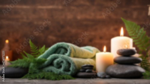 Blur Towel on fern with candles and hot stone on white wooden background. backdrop with copy space