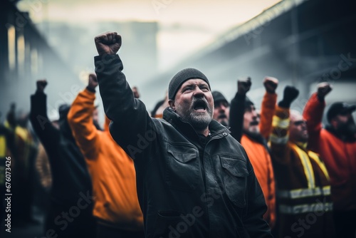 A group of industrial union workers raising their fist in protest. © visoot
