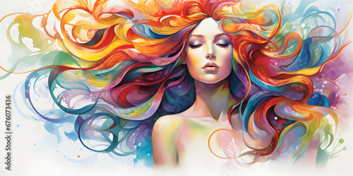 Watercolor illustration of a beautiful woman with colorful long hair 