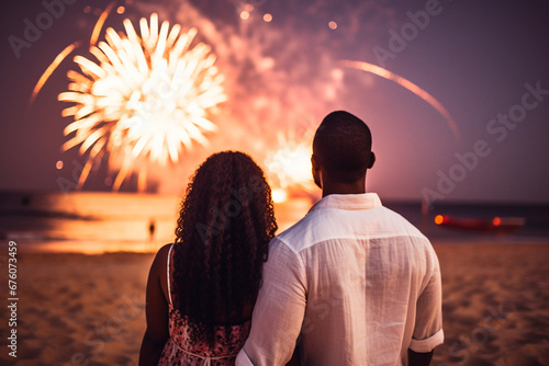 New Year's Eve - Couple celebrating New Year's Eve on the beach, under a starry sky and fireworks.