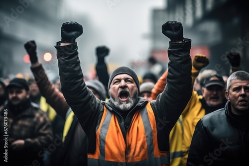 A group of industrial union workers raising their fist in protest. © visoot