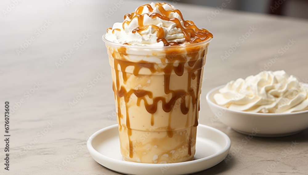 Iced caramel latte with whipped cream and caramel drizzle on white stone table in modern kitchen Iced caramel latte with whipped cream and caramel drizzle on white stone table in modern kitchen