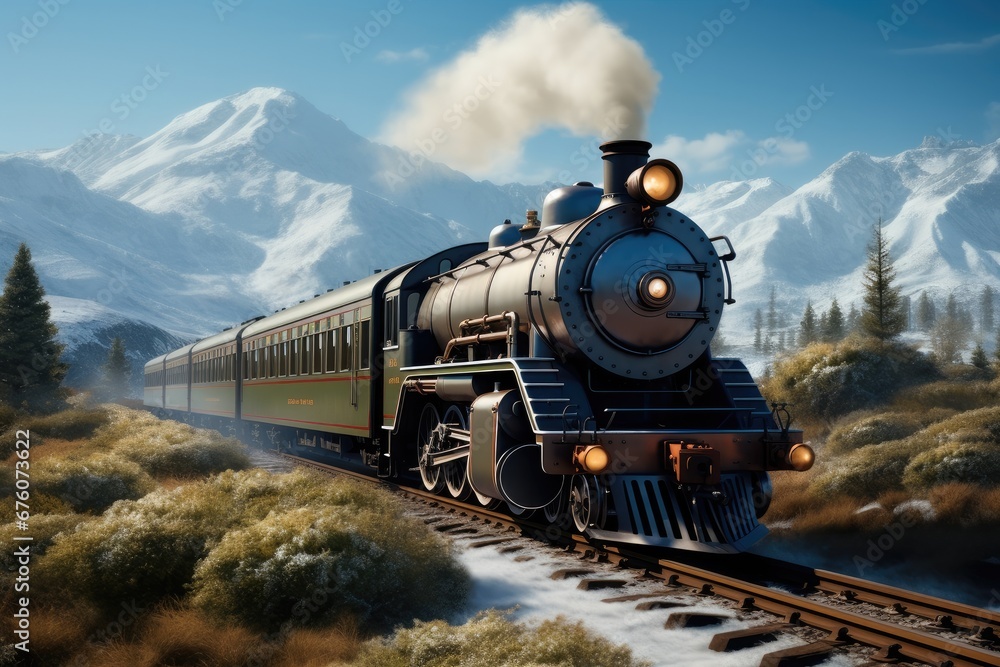 The orient express train moving at speed on the track on a sunny day with mountains in the background. The orient express train moving at speed on the track on a sunny day with mountains in the background.