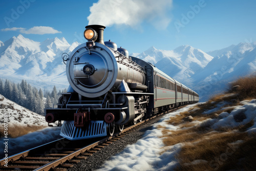 The orient express train moving at speed on the track on a sunny day with mountains in the background. photo