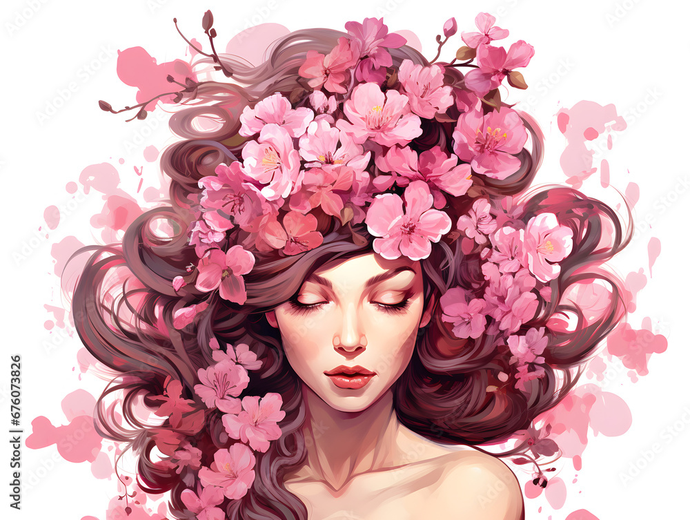 Illustration retro colorful portrait of a beautiful woman with flowers on the head, white background 