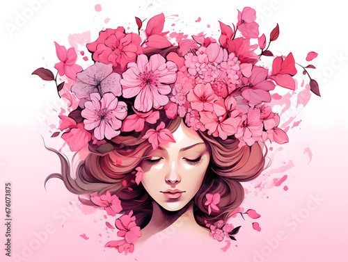Illustration retro colorful portrait of a beautiful woman with flowers on the head  white background 