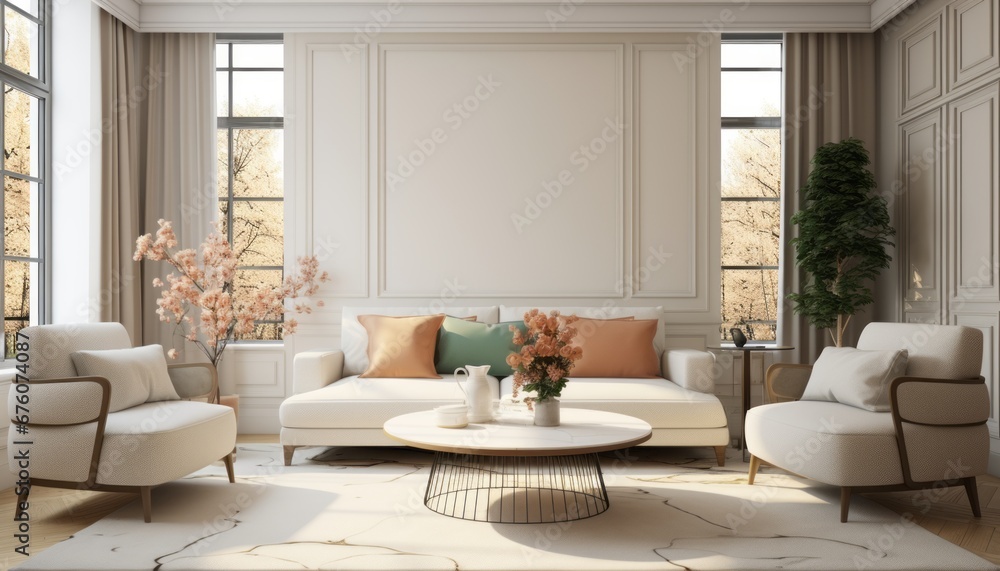 Luxurious and stylish modern living room interior with gold tone colors and artwork on the wall