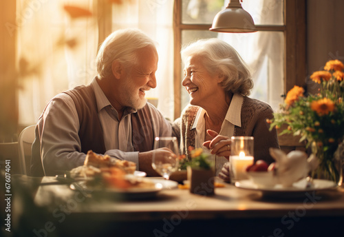 Older Elderly couple speaking at the dinner table
