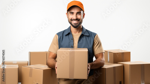 Postal package delivery, driver with carton box door delivery, concept of online shopping