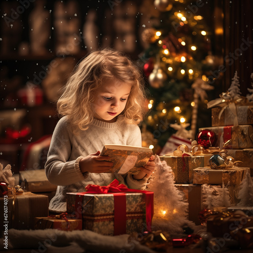 Cute little girl with opening a Christmas gift