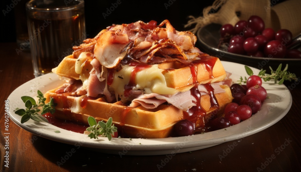 Savory ham and cheese filled waffles, expertly arranged on a plate and awaiting indulgence