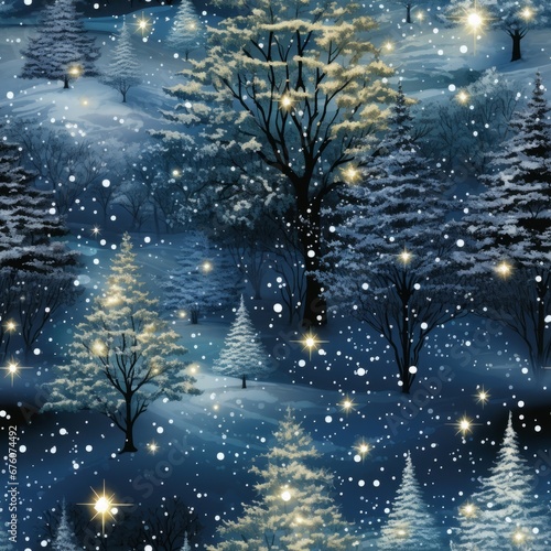 Enchanting winter wonderland with panoramic snowy fir branches and graceful snowfall flakes