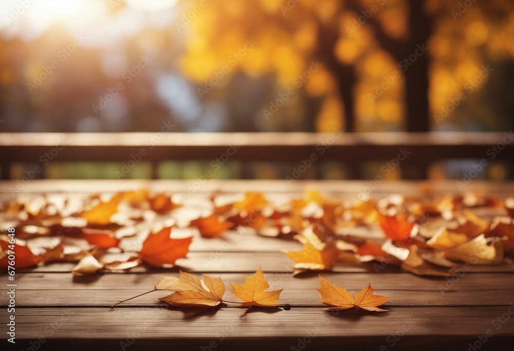 Inviting Autumn Ambiance: Wooden Table Adorned with a Scattering of Warm Leaves