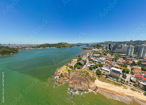 Imagem aérea da 3ª ponte e canal de Vitória com convento da penha ao fundo e porto de Vila Velha. photo