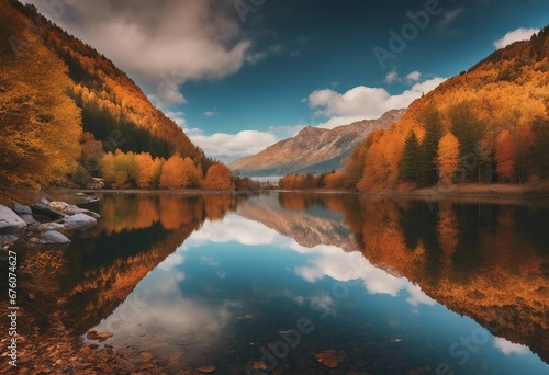 Breathtaking Autumn Reflection: Colorful Mountains Mirrored in a Serene Mountain Lake © FrameFinesse