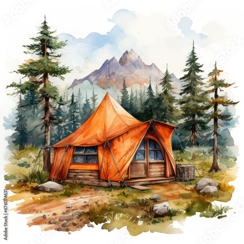 watercolor Camping Summer Mountain clipart, Generative Ai