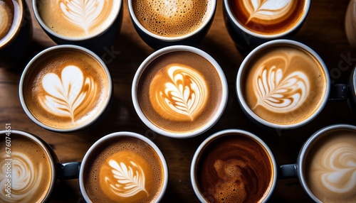 Variety of coffee mugs arranged on a wooden table, captured from an impressive overhead perspective