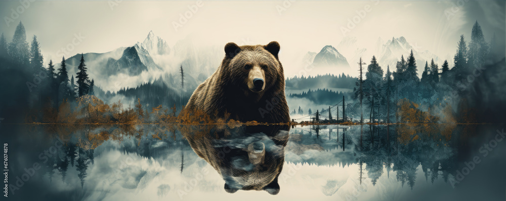 Wild grizlly bear in the forest for t-shirt printing. - obrazy, fototapety, plakaty 