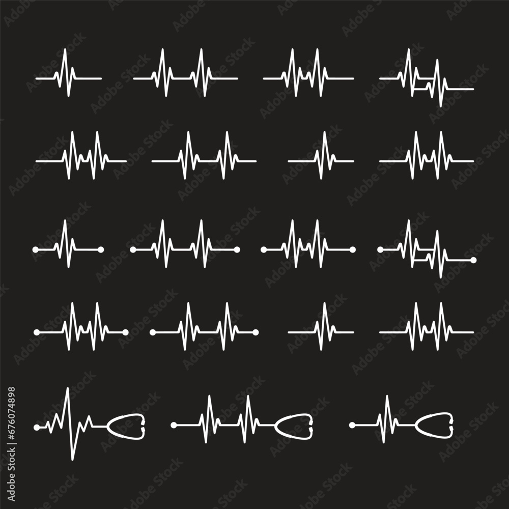 Set Stethoscope Heartbeat line. Pulse trace. EKG and Cardio symbol. Health and Medical concept. Vector illustration.