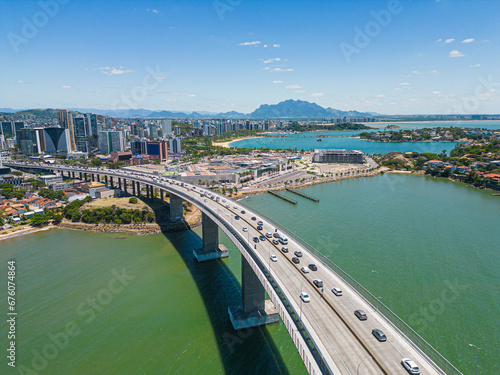 Imagem aérea da 3ª ponte e canal de Vitória com convento da penha ao fundo e porto de Vila Velha. photo