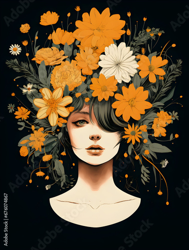 Illustration retro colorful portrait of a beautiful woman with flowers on the head, black background 