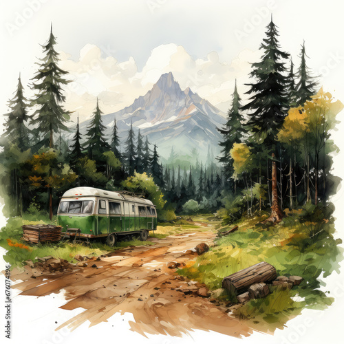 watercolor Camping Summer Mountain clipart, Generative Ai