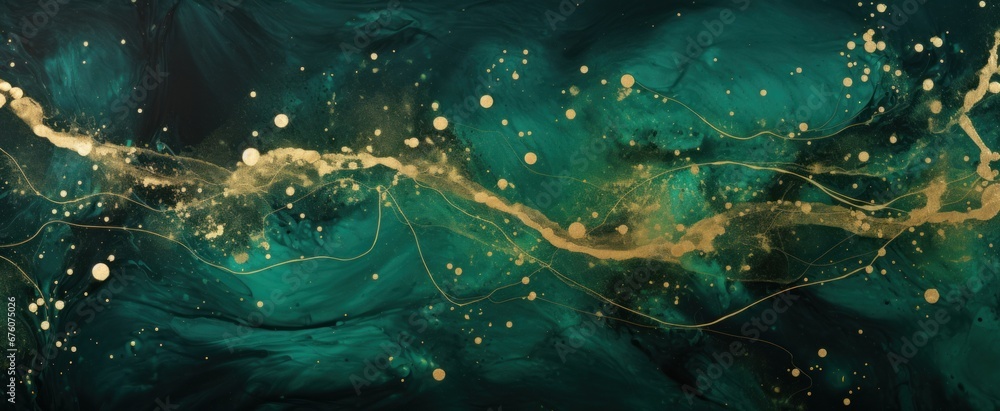 Obraz premium New year 2024 Dragon green and gold colors abstract background of marble liquid ink art painting texture. dark green and gold Alcohol ink artwork watercolor web banner