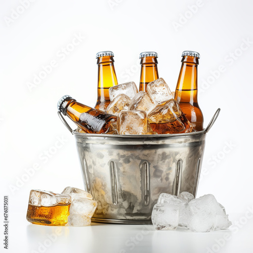 Beer bottles in metal basket with ice cubes on light background for party drink