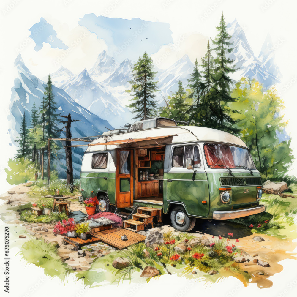 watercolor Camping Summer Mountain clipart, Generative Ai - obrazy, fototapety, plakaty 