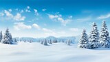 Winter wonderland enchanting panoramic snowscape with glistening fir branches and delicate snowfall