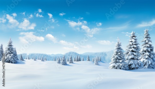Winter wonderland enchanting panoramic snowscape with glistening fir branches and delicate snowfall © Ilja