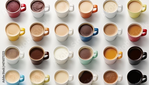 Assortment of various coffee mugs arranged in an overhead view on a white stone table