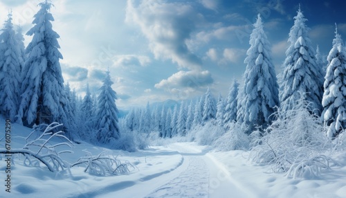 Enchanting winter panorama with glistening snow covered fir branches and delicate snowfall photo