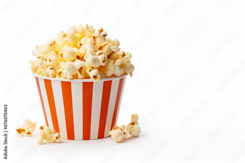 Red and white striped bowl full of popcorn, white background Red and white striped bowl full of popcorn, white background