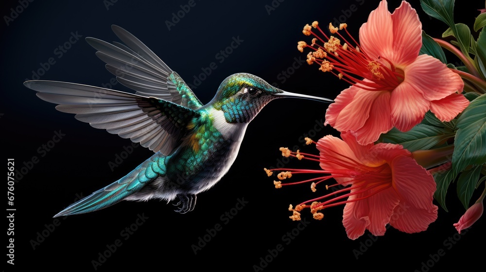 Obraz premium a hummingbird hovers near a flower with its beak open and its wings wide open as it hovers near a pink flower. generative ai