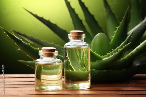 Aloe vera cosmetic oil on wooden background. photo