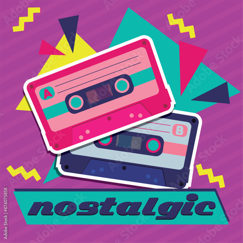 Retro and nostalgic background with pair of cassettes Vector