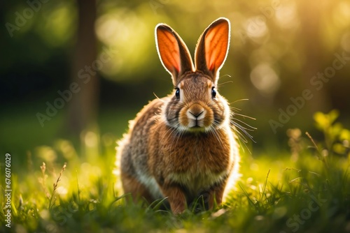 Portrait of the Wild Rabbit in the Green Meadow. Wild Nature Reserve, Wildlife Sanctuary. Wild Hare in Sunny Day. Beautiful Animal in the Natural Habitat. Wild Bunny.