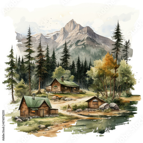 watercolor Camping Summer Mountain clipart  Generative Ai