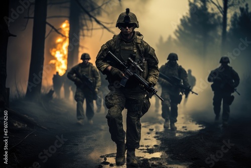 Group of special forces soldiers on war.