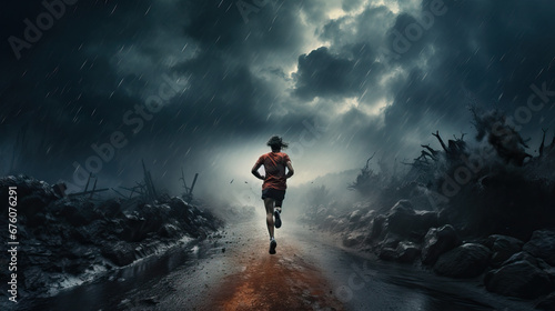 athlete running in the end of the nowhere, extreme conditions, clouds